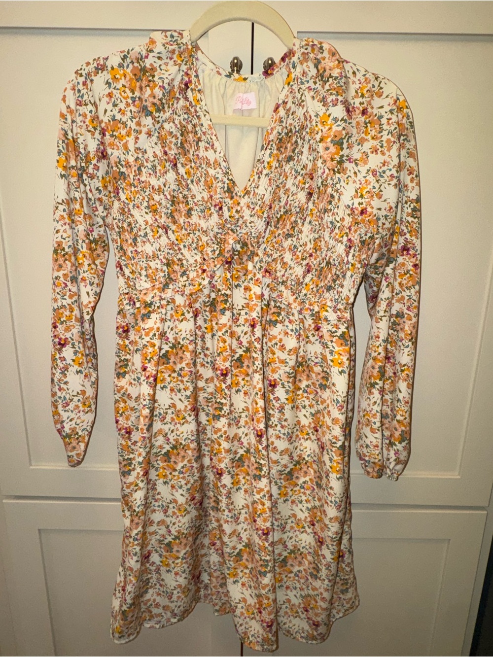 Pink Lily Cream Floral Smocked Long Sleeve Mini Dress